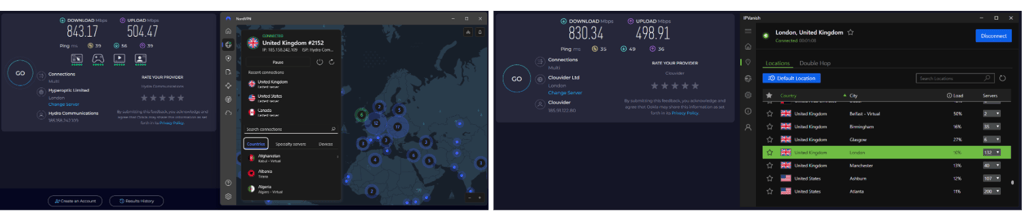 NordVPN's vs IPVanish's speed test results