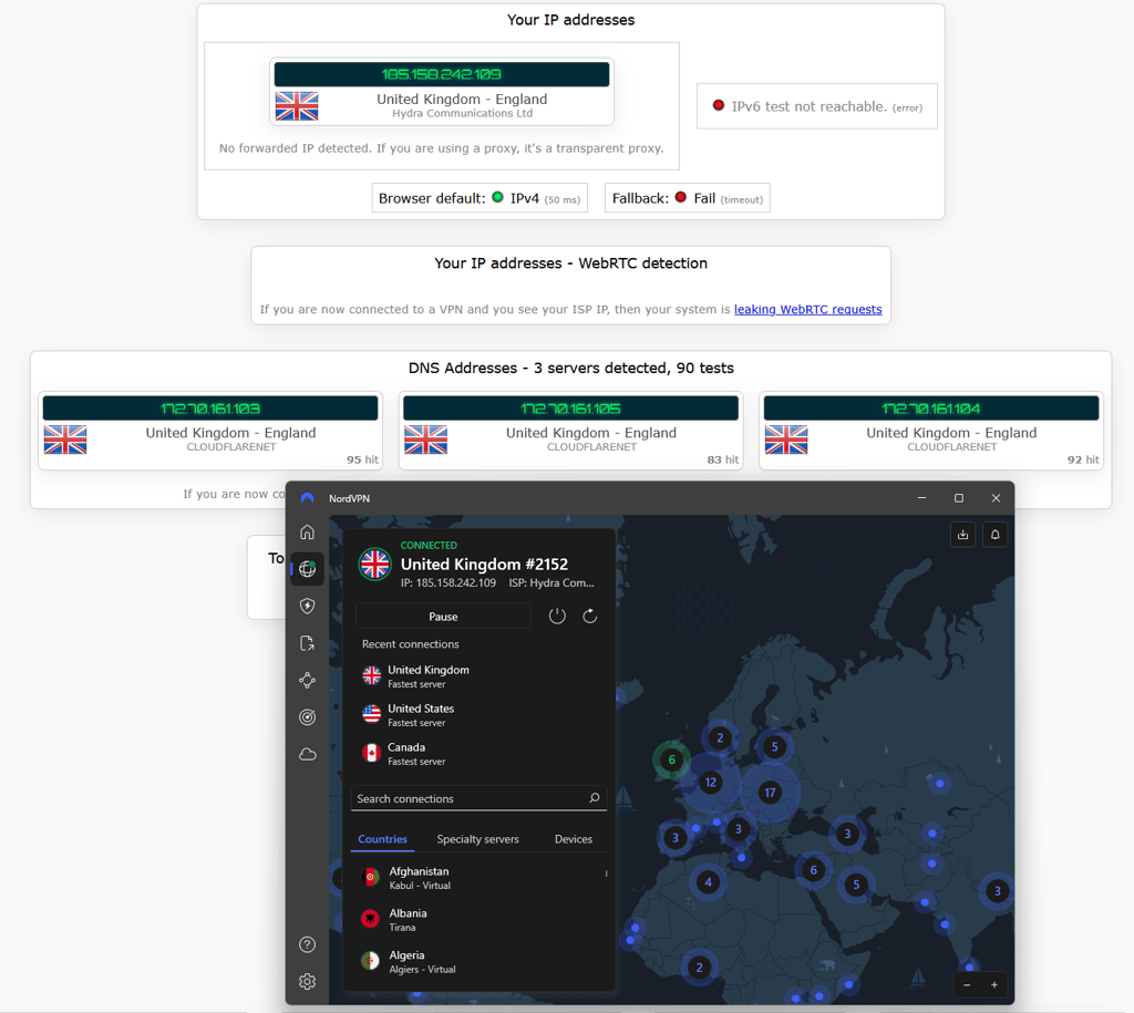 NordVPN's IP leak test results