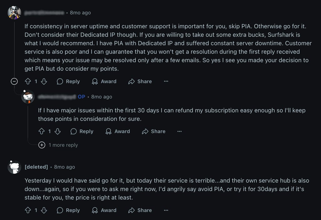 Users on Reddit discuss NordVPN vs PIA comparisons