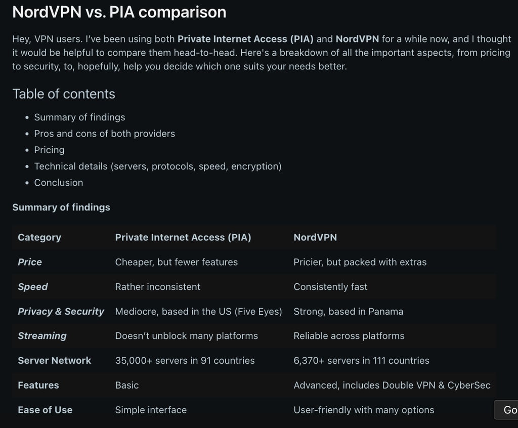 A NordVPN vs PIA breakdown by a Reddit user