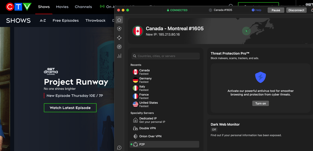 NordVPN is connected to Montreal to access the Canadian TV channel