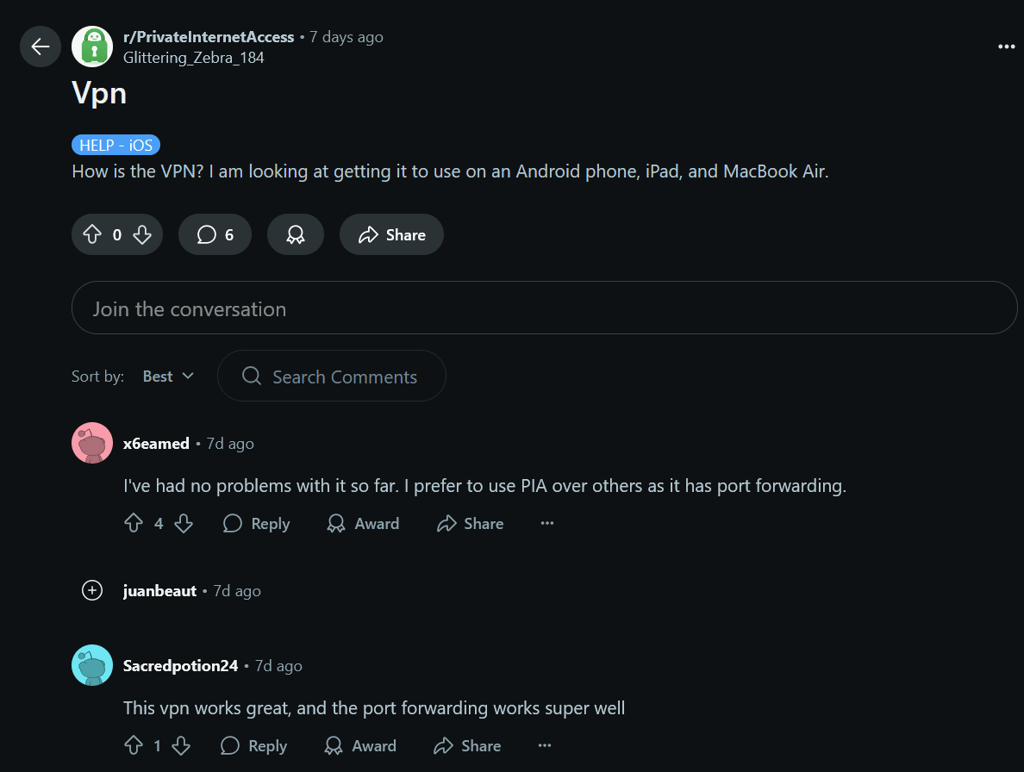 PIA Reddit opinion