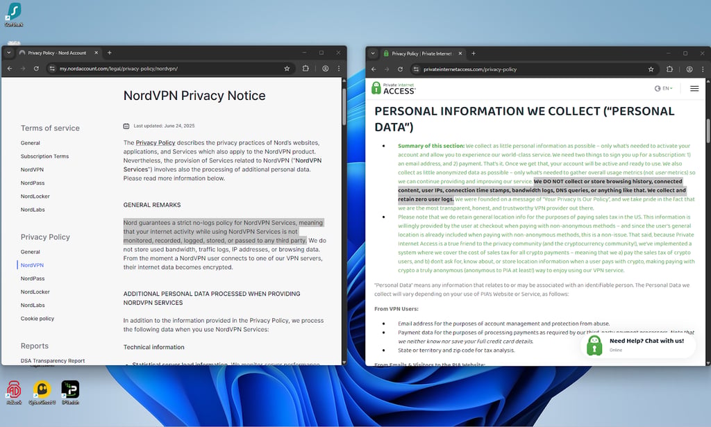 PIA vs NordVPN's logging policies, guaranteeing no logs