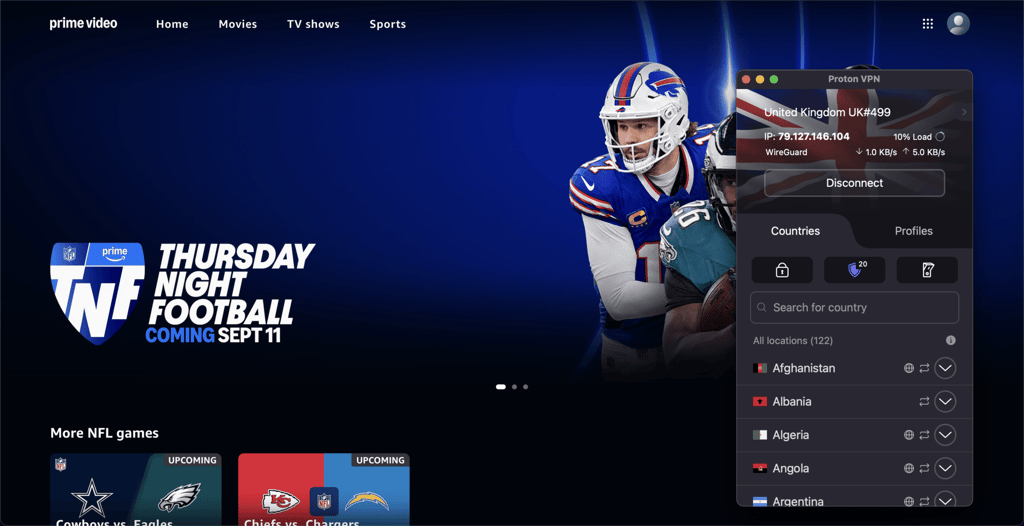 Proton VPN unblocking NFL on Amazon Prime