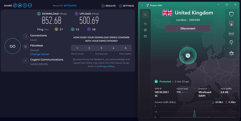 Proton VPN achieved over 850 Mbps during my gaming speed tests