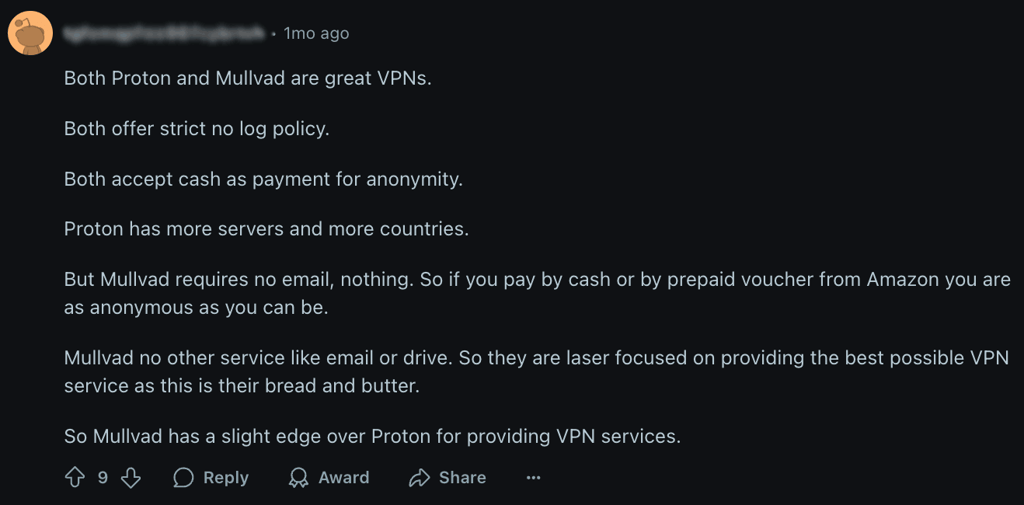 Reddit user prefers Mullvad VPN for its privacy features