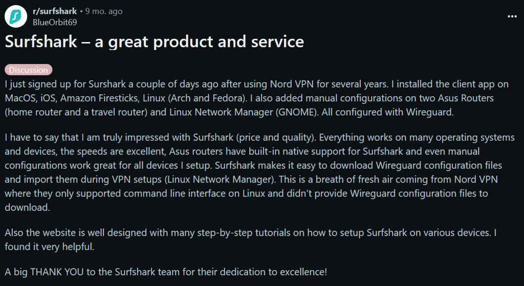 Surfshark Reddit opinion