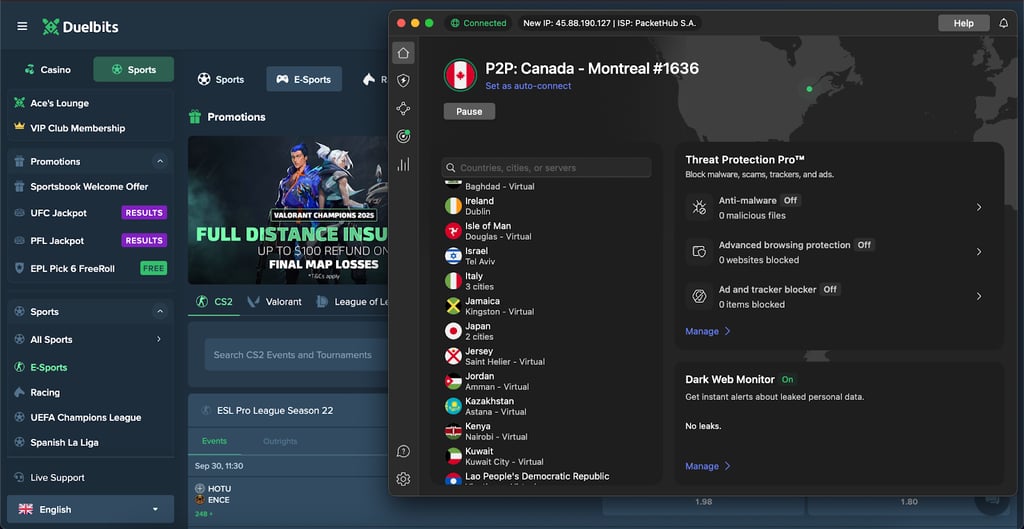 Duelbits unblocked with NordVPN's server in Canada