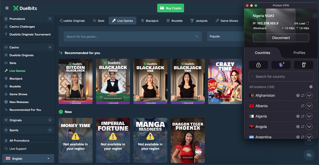 Duelbits unblocked with Proton VPN