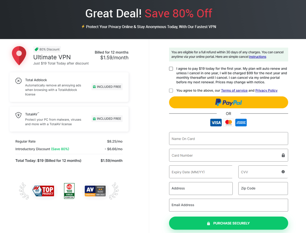 TotalVPN discounted payment page