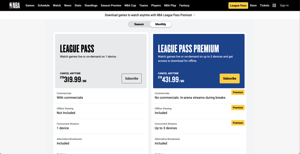 Select NBA League Pass subscription