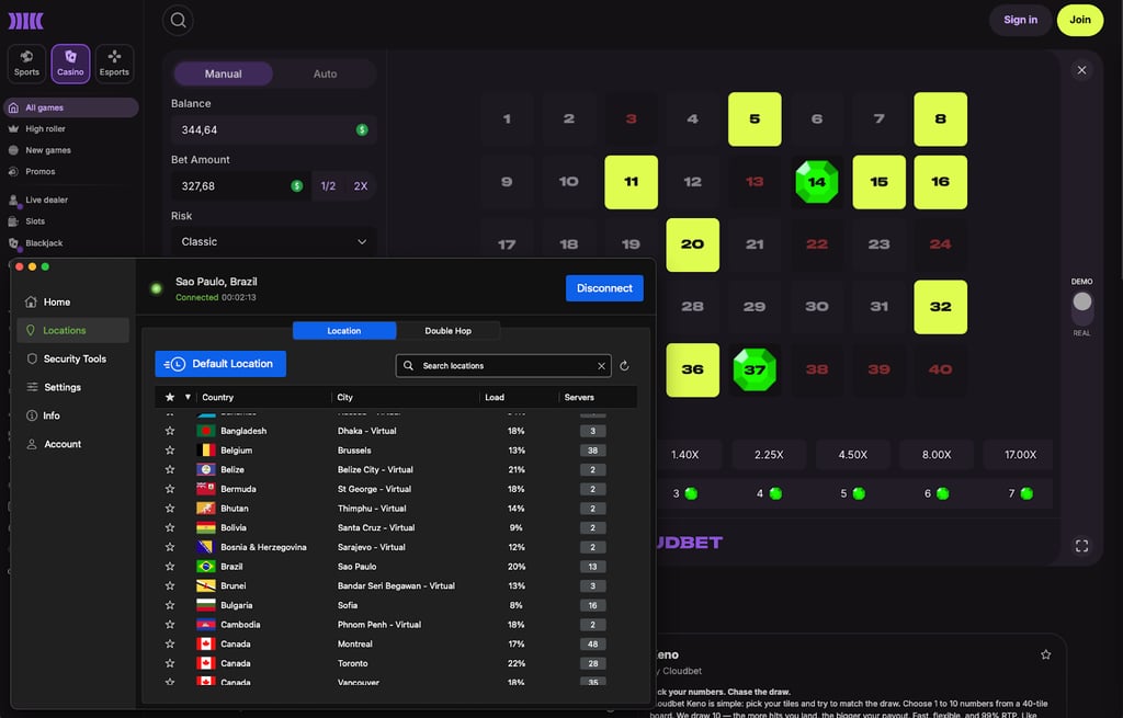 Bypassing Cloudbet geo-blocks via IPVanish Brazil server