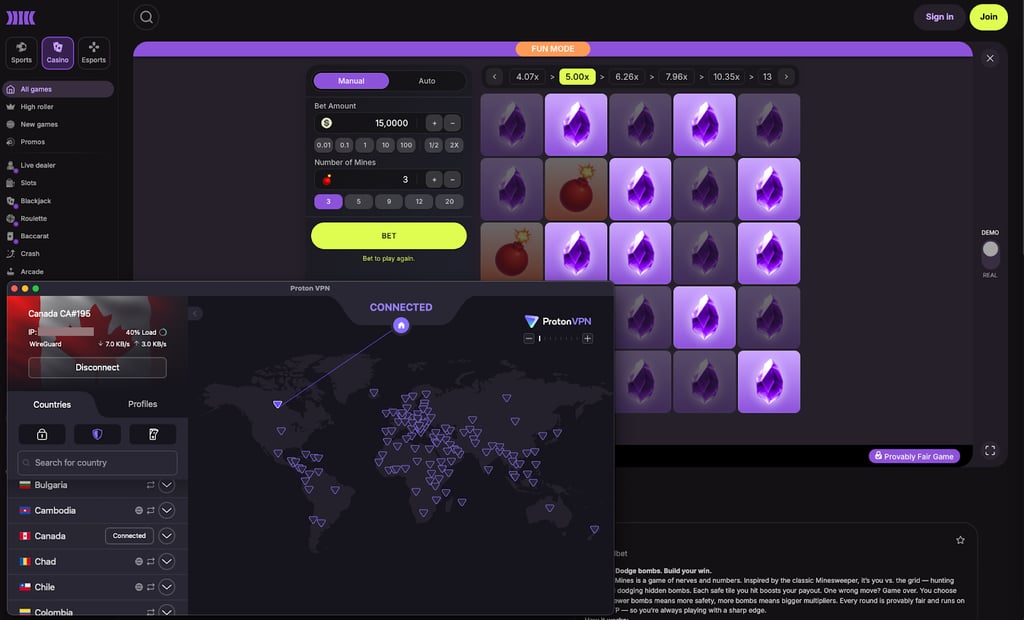 Unblocking Cloudbet with Proton VPN on Canadian server