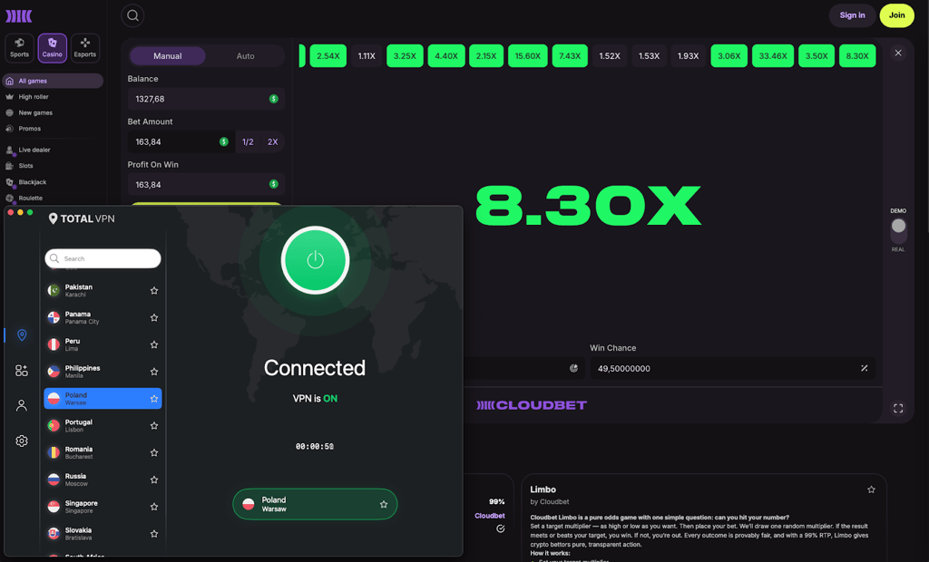 Cloudbet unblocked using TotalVPN on a Poland server