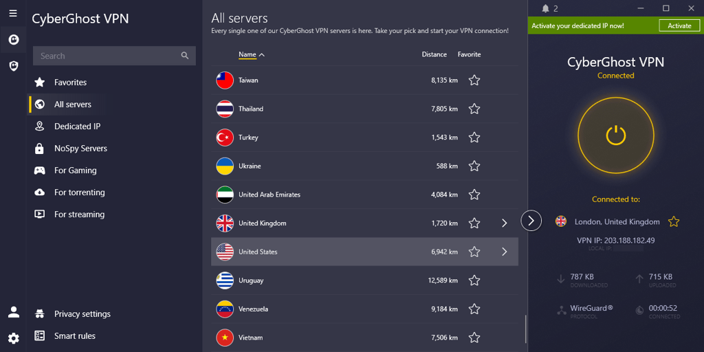 CyberGhost VPN connected to London server
