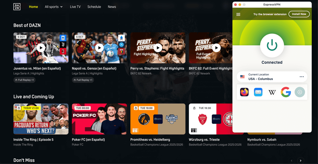 Streaming DAZN with ExpressVPN's Columbus IP address