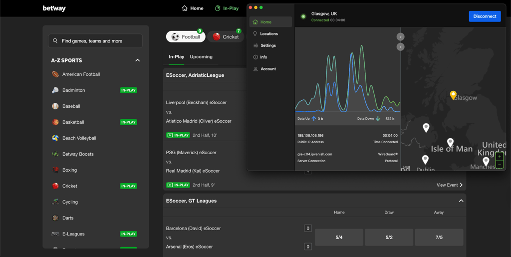Betway unblocked with IPVanish, while connected to the UK