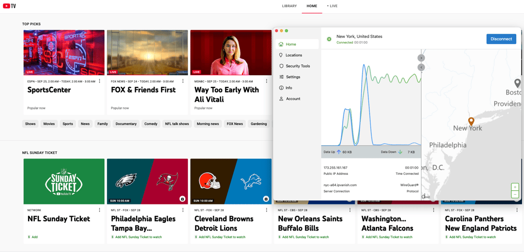 YouTube TV unblocked with IPVanish in Mexico