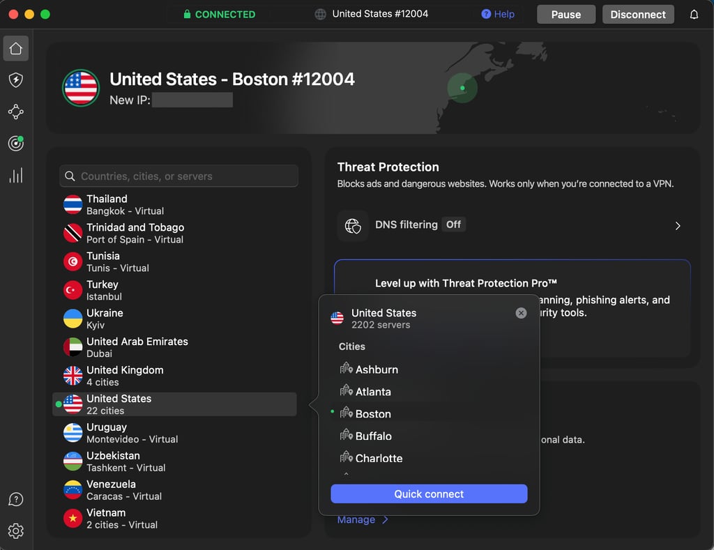 NordVPN app connected to a US server in Boston
