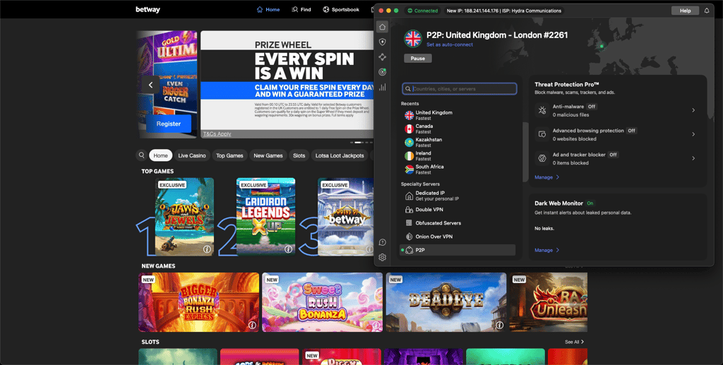 A NordVPN server in the UK was used to access Betway