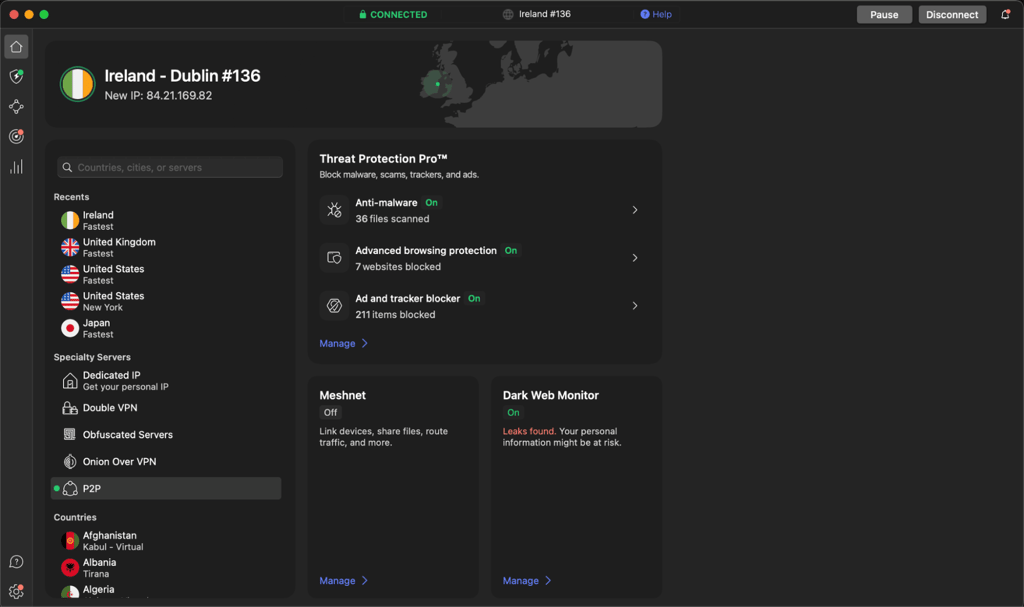NordVPN connected to a non-UK VPN server in Dublin, Ireland