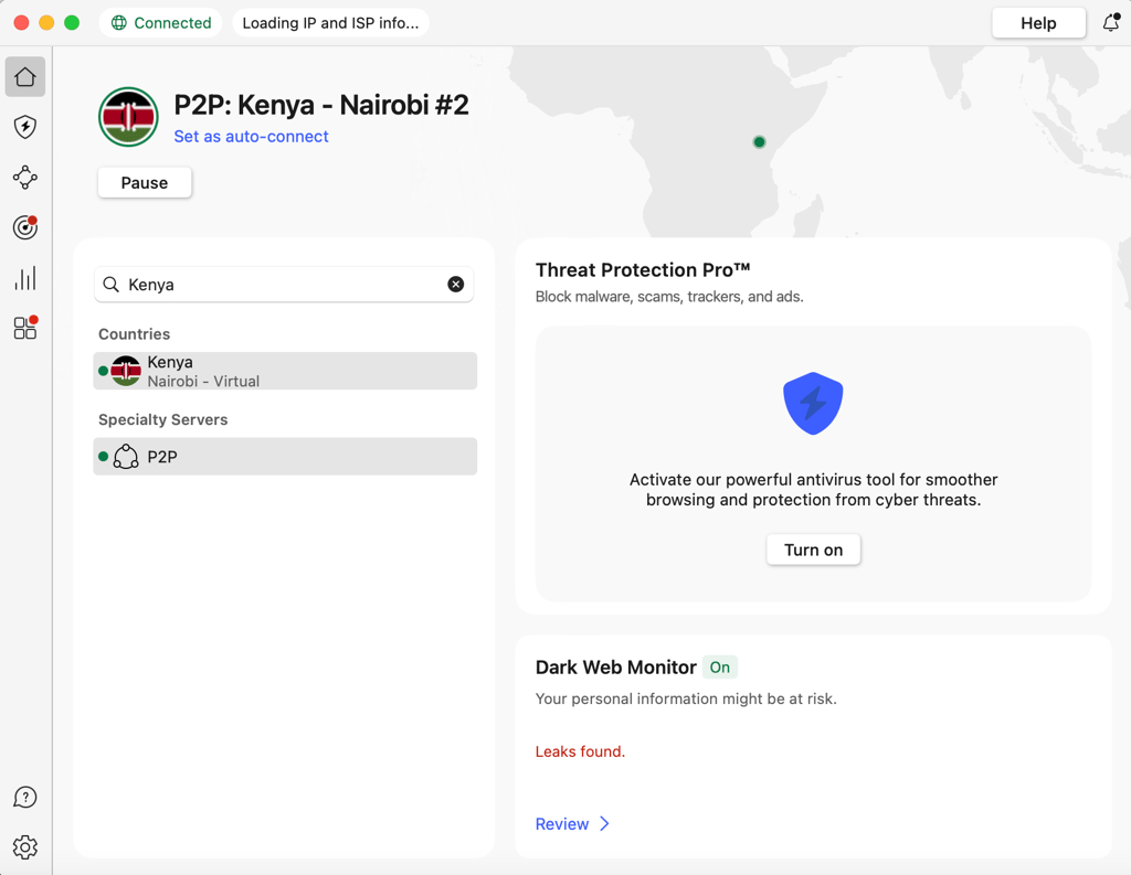 NordVPN connected to Kenya