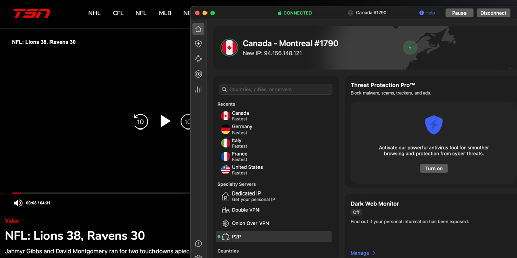 Streaming games on TSN via NordVPN's Canadian server
