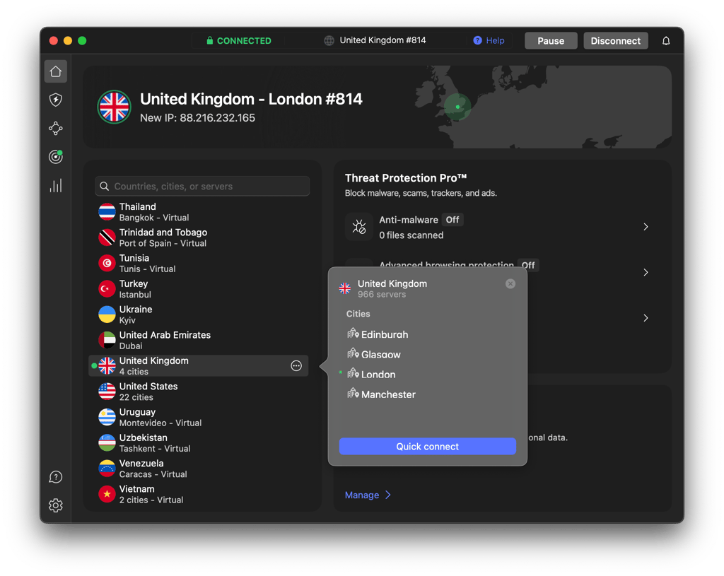 NordVPN UK servers selection