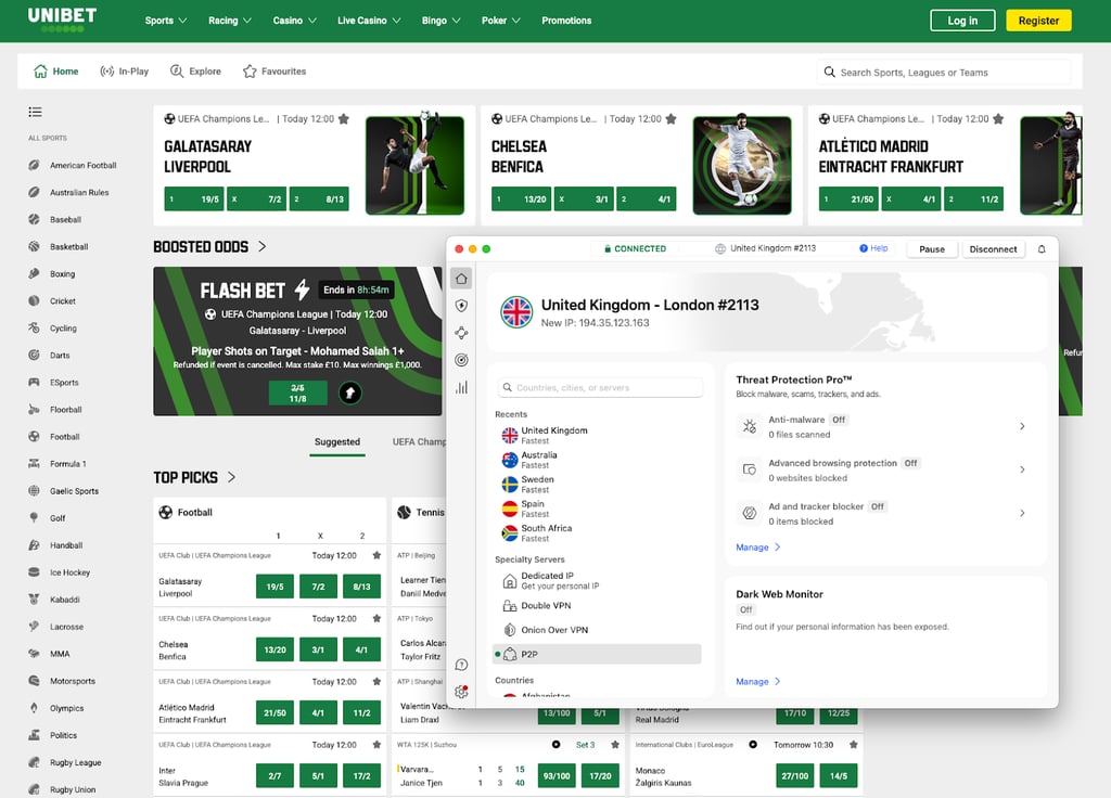 Unblocking Unibet with NordVPN on a UK VPN server