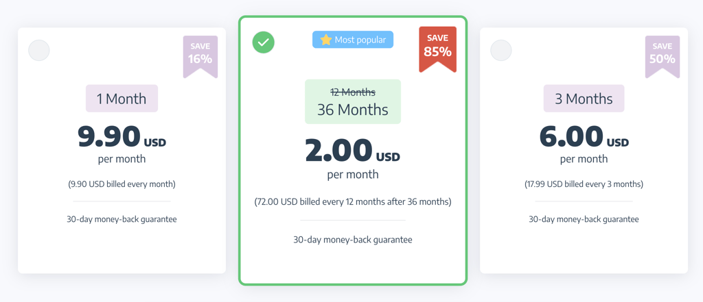 Choose 1-year plan with 85% and get 24-month free