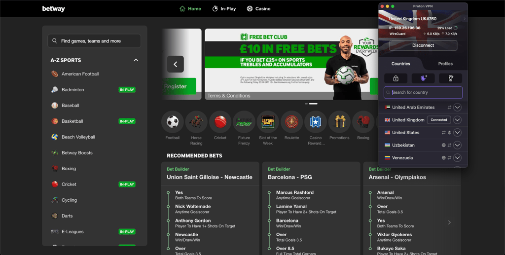 ProtonVPN on UK server bypasses geo-blocks and accesses Betway