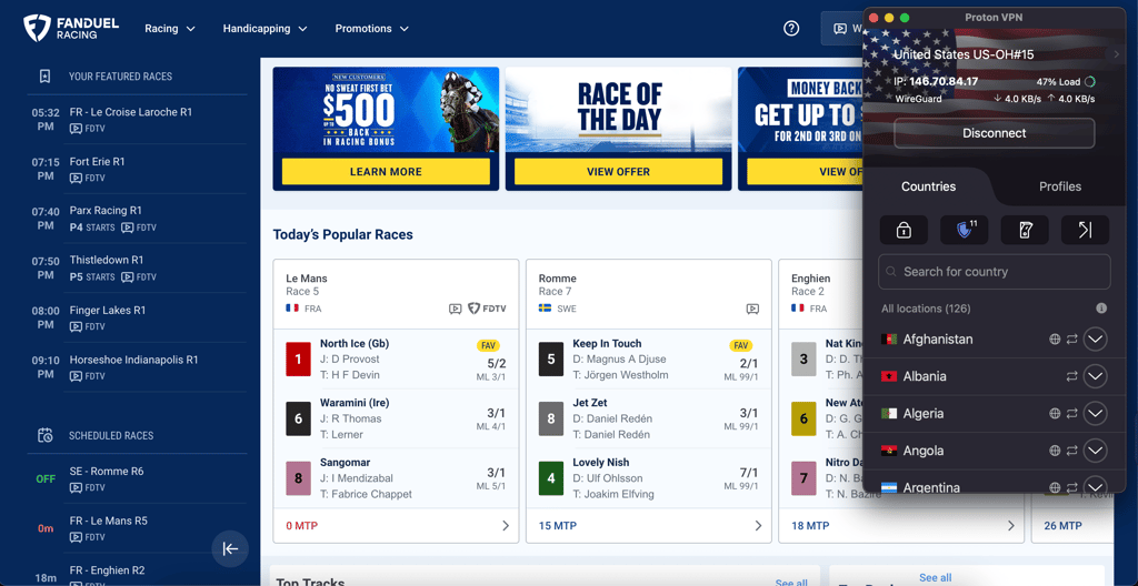 Accessing FanDuel's horse racing betting site with ProtonVPN