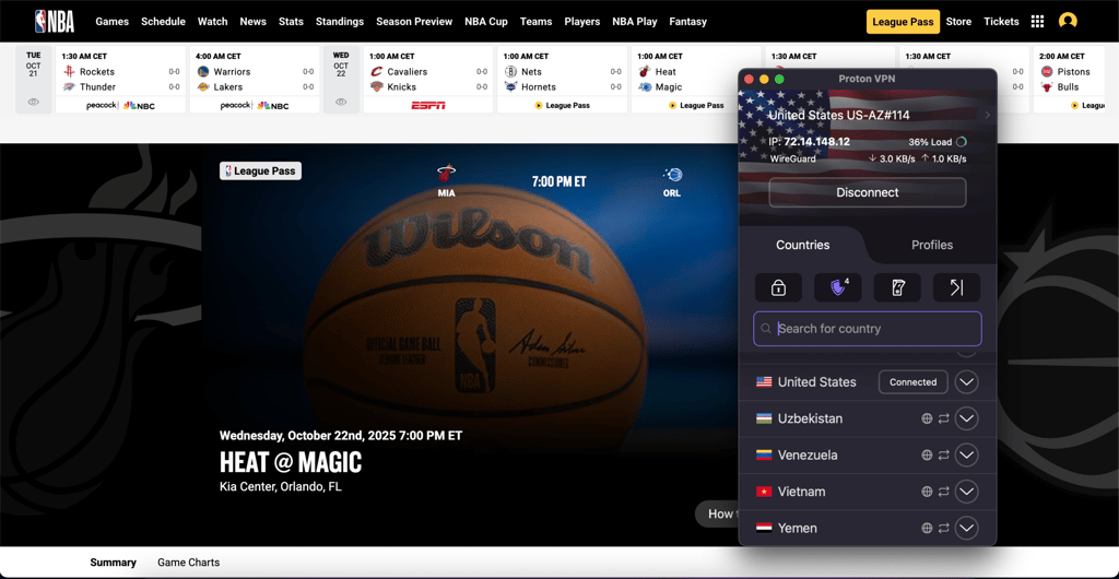 Proton VPN with NBA League Pass