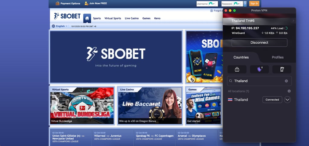 Proton VPN's server in Thailand easily unblocks SBOBET