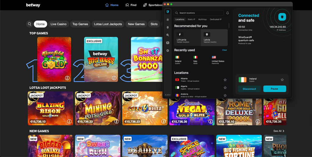 Betway access unlocked by connecting to an Ireland VPN server using Surfshark