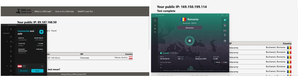 Surfshark's and Proton VPN's DNS leak test results