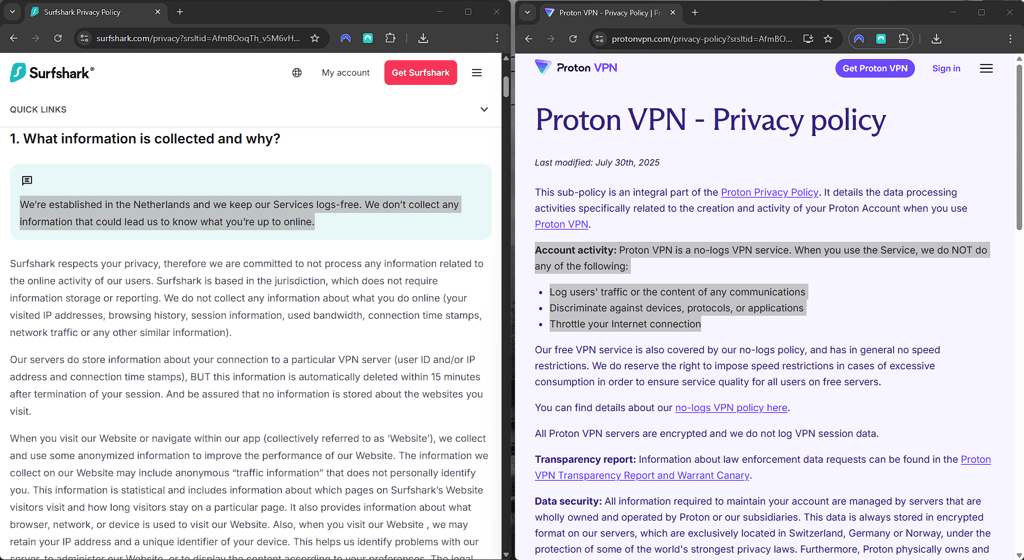 Surfshark's and Proton VPN's no-logs policies