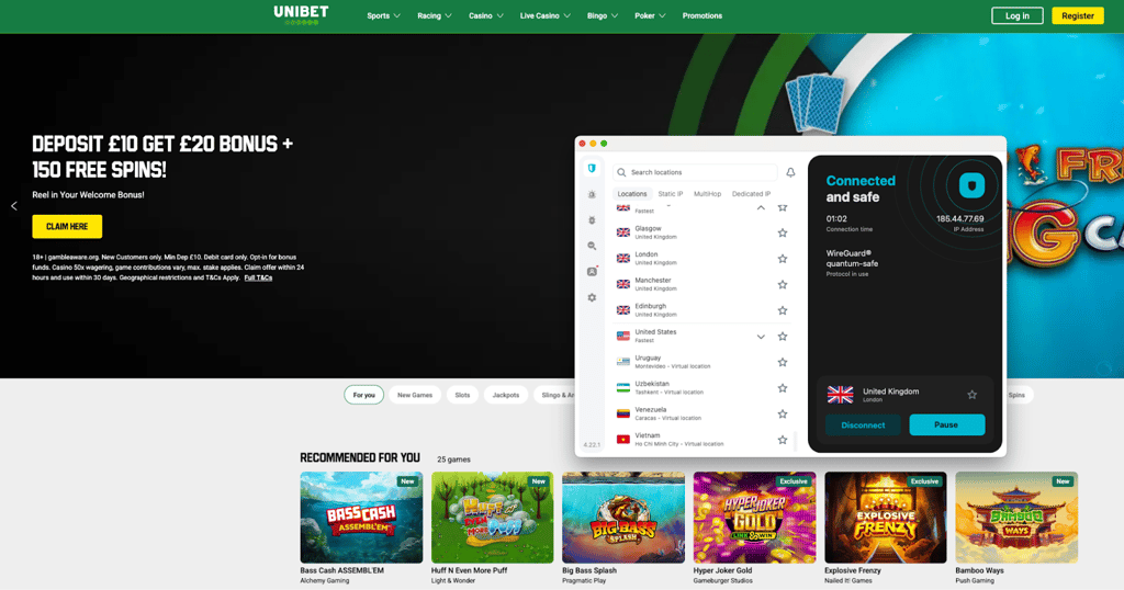 Unblocking Unibet using Surfshark's UK VPN server