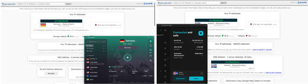 Proton VPN's and Surfshark IP leak test results