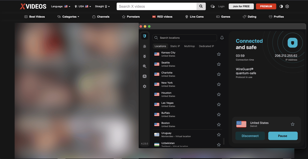 Bypassed xVideos ID verification in Ohio with a Detroit IP address using Surfshark