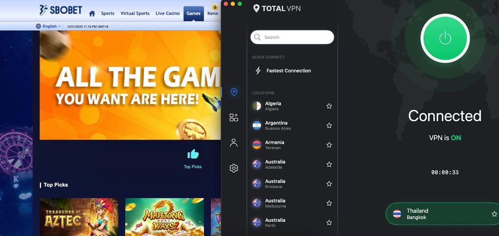 TotalVPN unblocks SBOBET in numerous supported regions