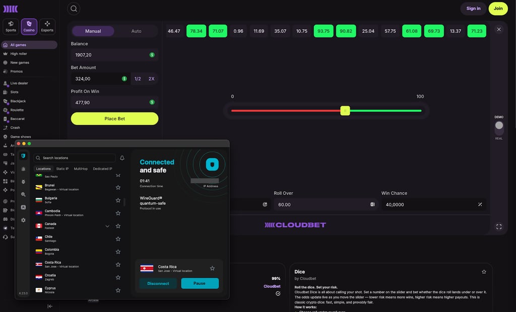 Surfshark connected to Costa Rica server unlocking Cloudbet