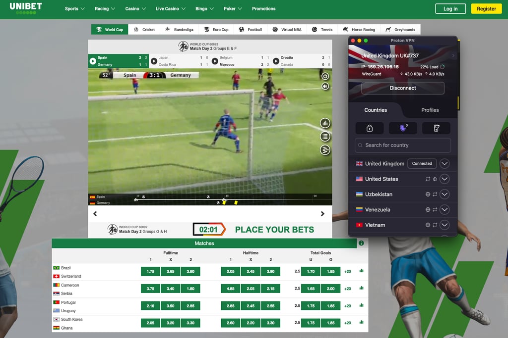 Proton VPN for Unibet unblocking the site with a UK VPN server