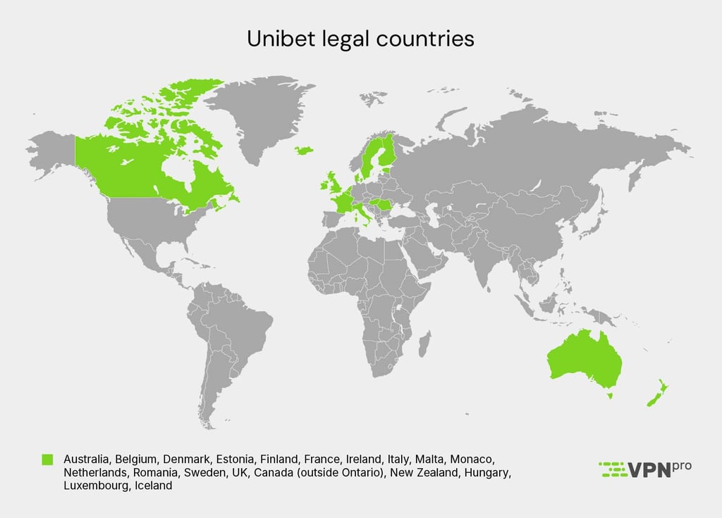World Map showing where Unibet is legal and accessible without a VPN
