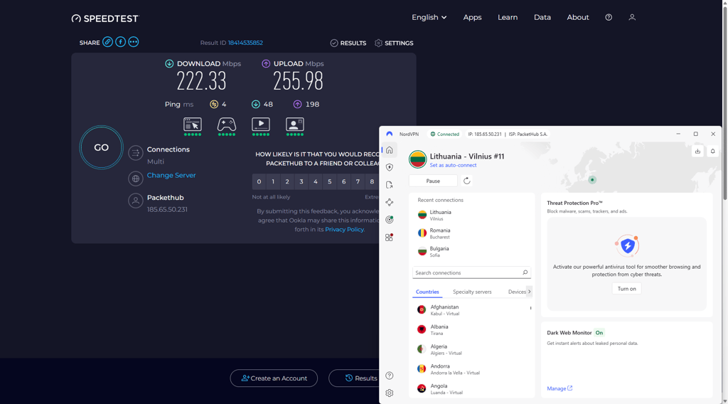 NordVPN speed test while connected to Lithuania for Call of Duty: Black Ops 7