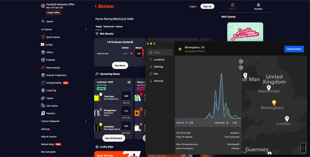 IPVanish can easily bypass US and Mexico Betano blocks