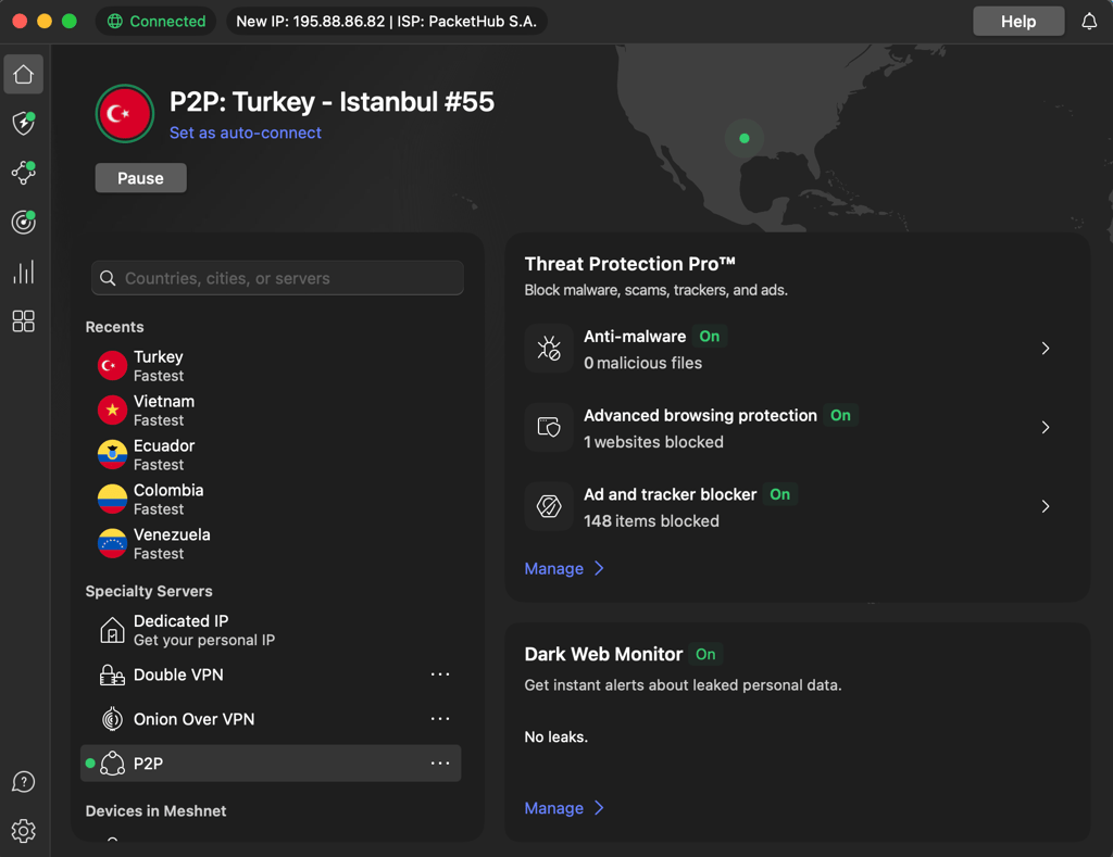 NordVPN connected to Istanbul server