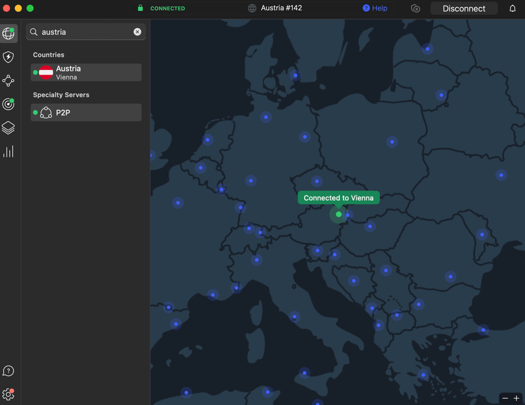 NordVPN connected to Austria to access PornHub from Italy