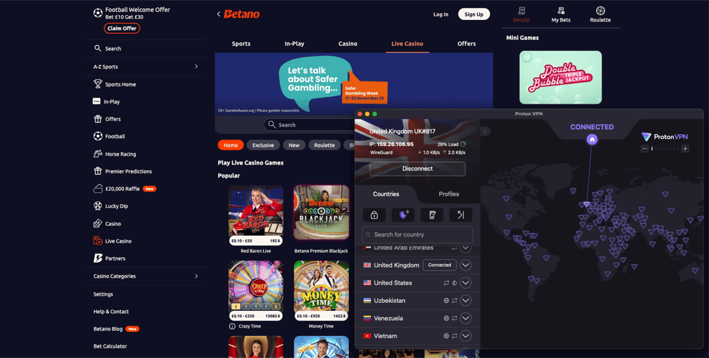 Unblocking Betano with Proton VPN on a UK VPN server