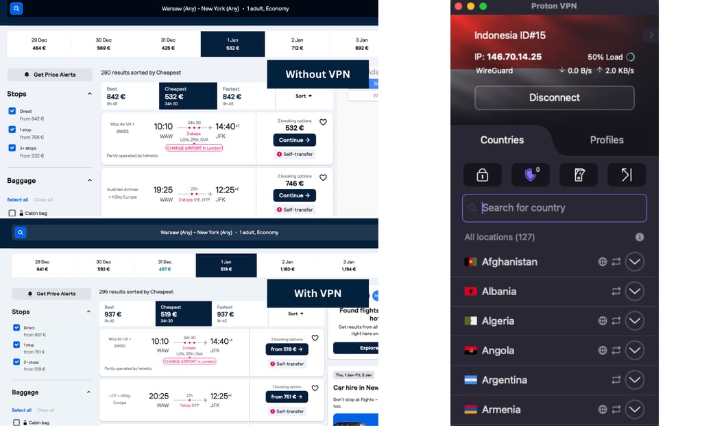 Flight prices comparison with and without Proton VPN